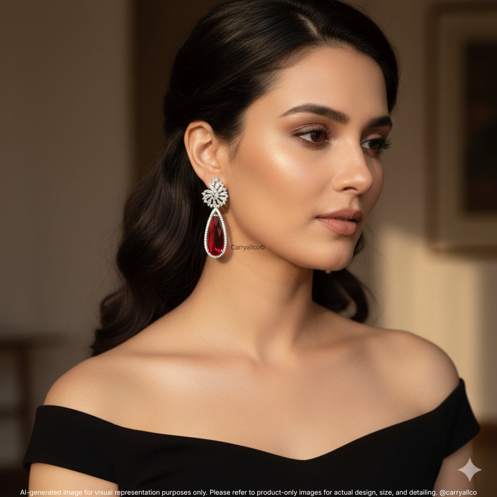 Ruby Teardrop Halo American Diamond Drop Earrings