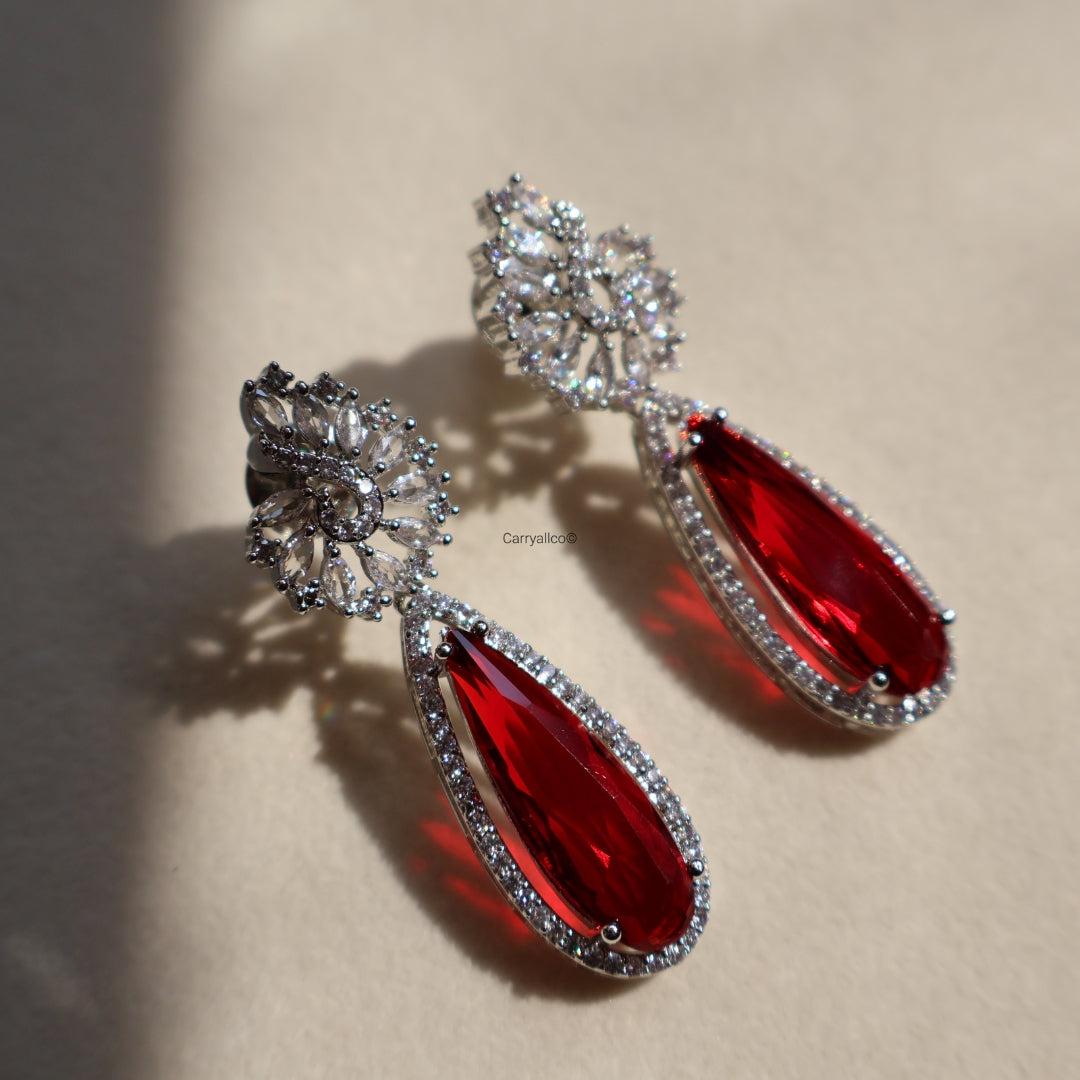 Ruby Teardrop Halo American Diamond Drop Earrings