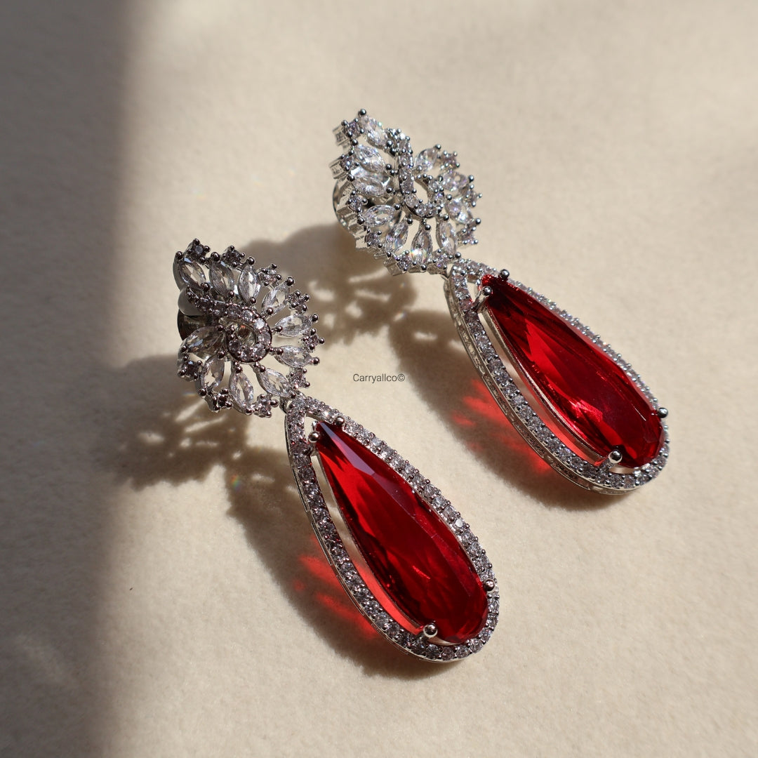 Ruby Teardrop Halo American Diamond Drop Earrings