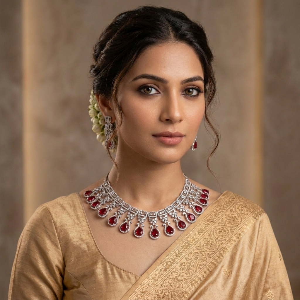 Ruby Cascade American Diamond Necklace Set | CARRYALLCO