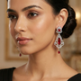 Ruby Crystal Floral American Diamond Long Drop Earrings