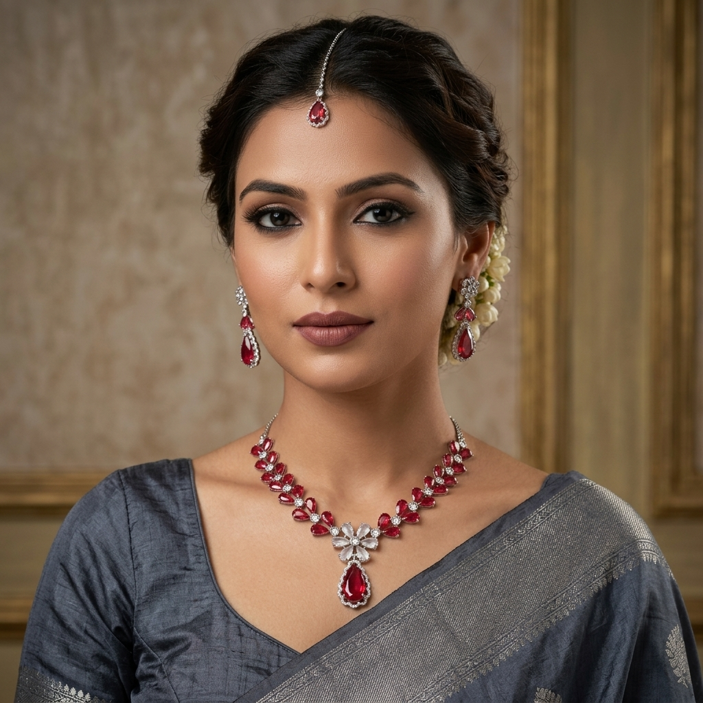 Ruby Marquise Bridal American Diamond Necklace Set
