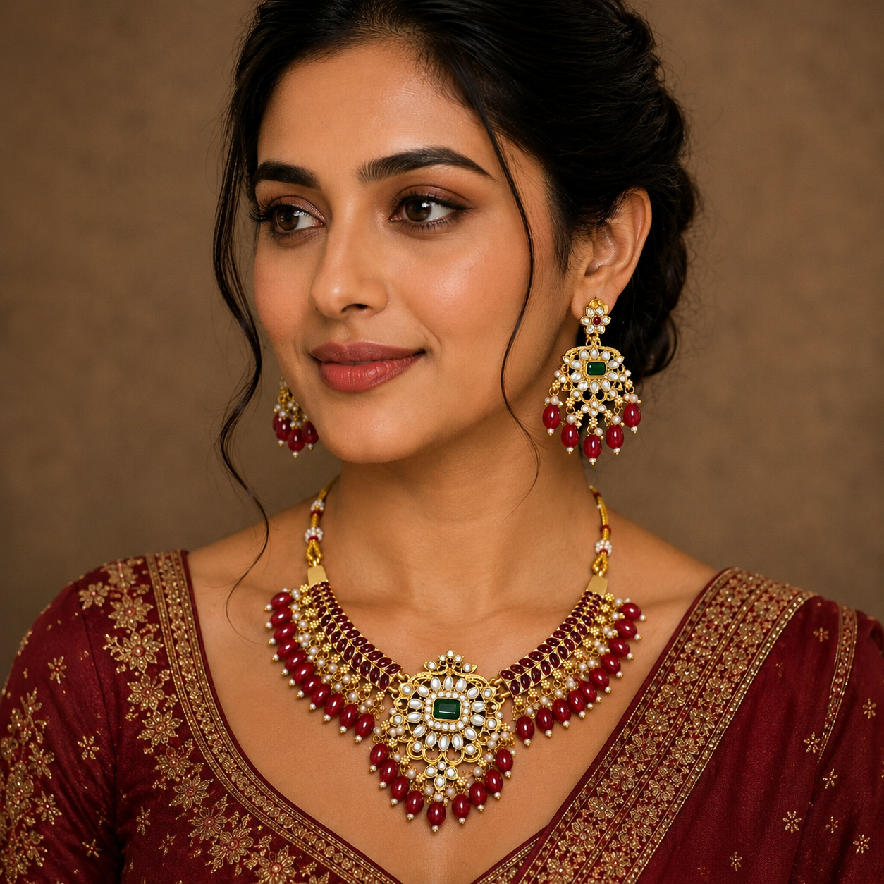 Woman wearing a red and gold traditional outfit with jewelry against a brown background