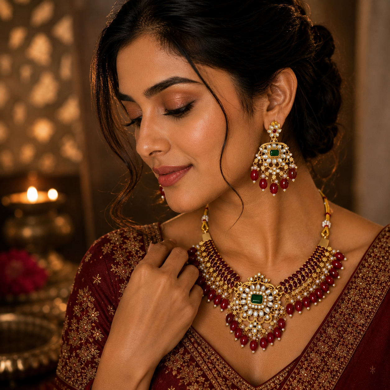 Woman wearing a traditional maroon saree with gold and red jewelry in a warm, softly lit setting.