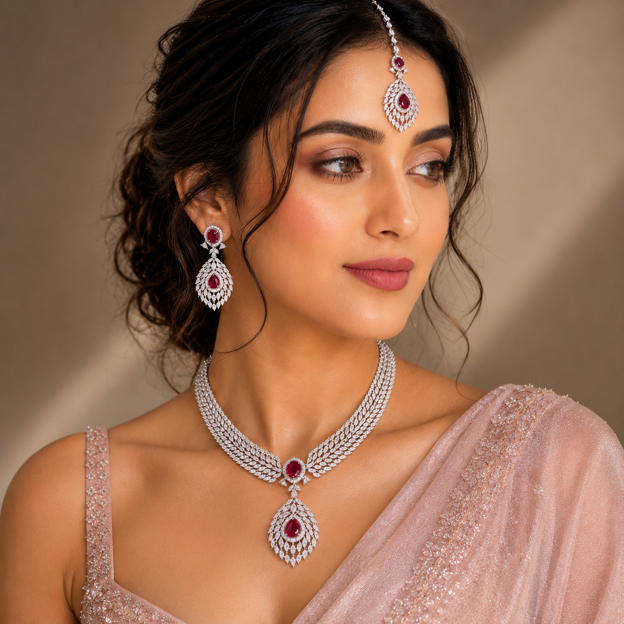 A woman wearing a traditional Indian jewelry set featuring a silver-toned necklace, matching drop earrings, and a forehead piece adorned with deep red gemstones, paired with a light pink embroidered sari.