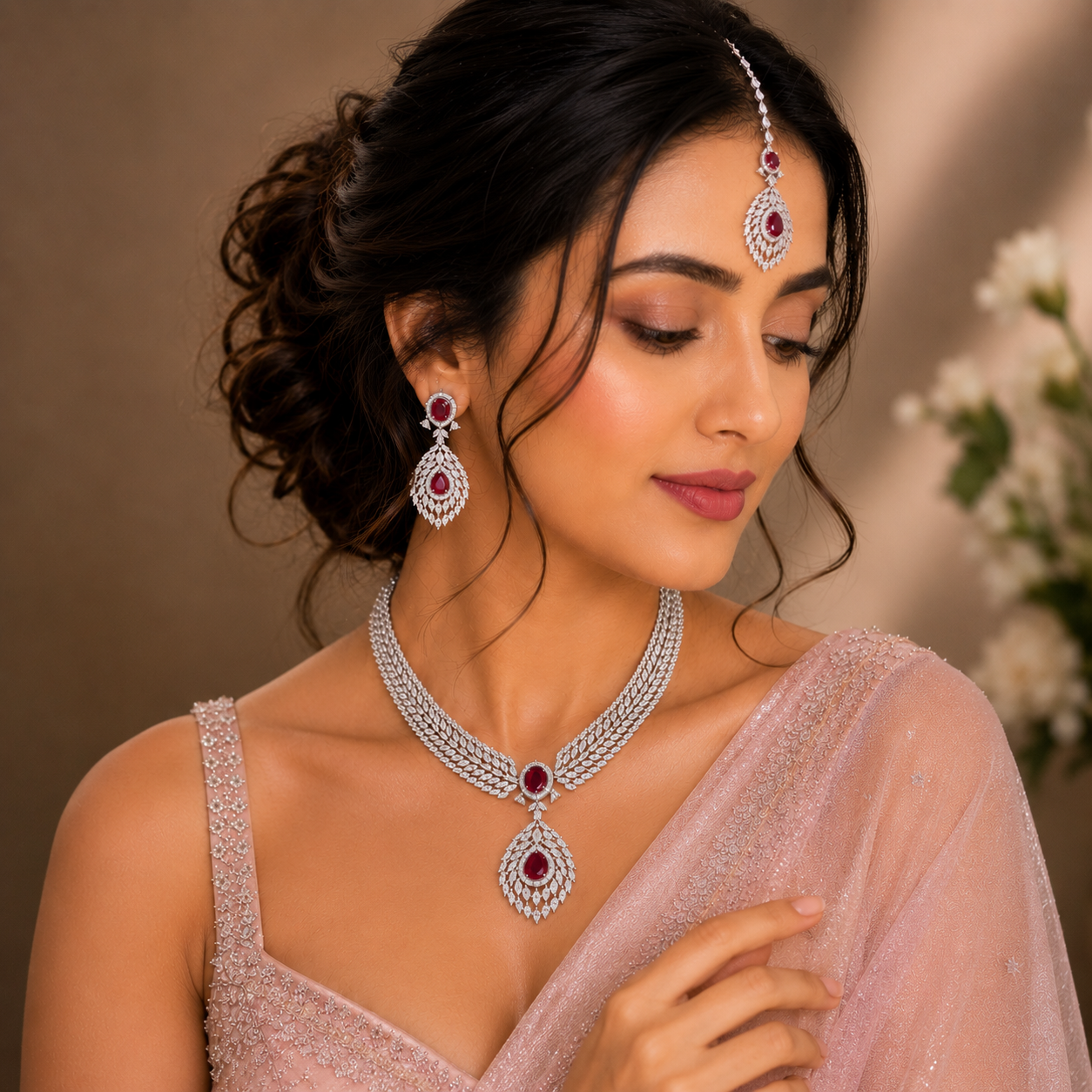 A woman wearing a traditional Indian jewelry set featuring a silver-toned necklace, matching drop earrings, and a forehead piece with deep red gemstones, paired with a light pink embroidered saree.