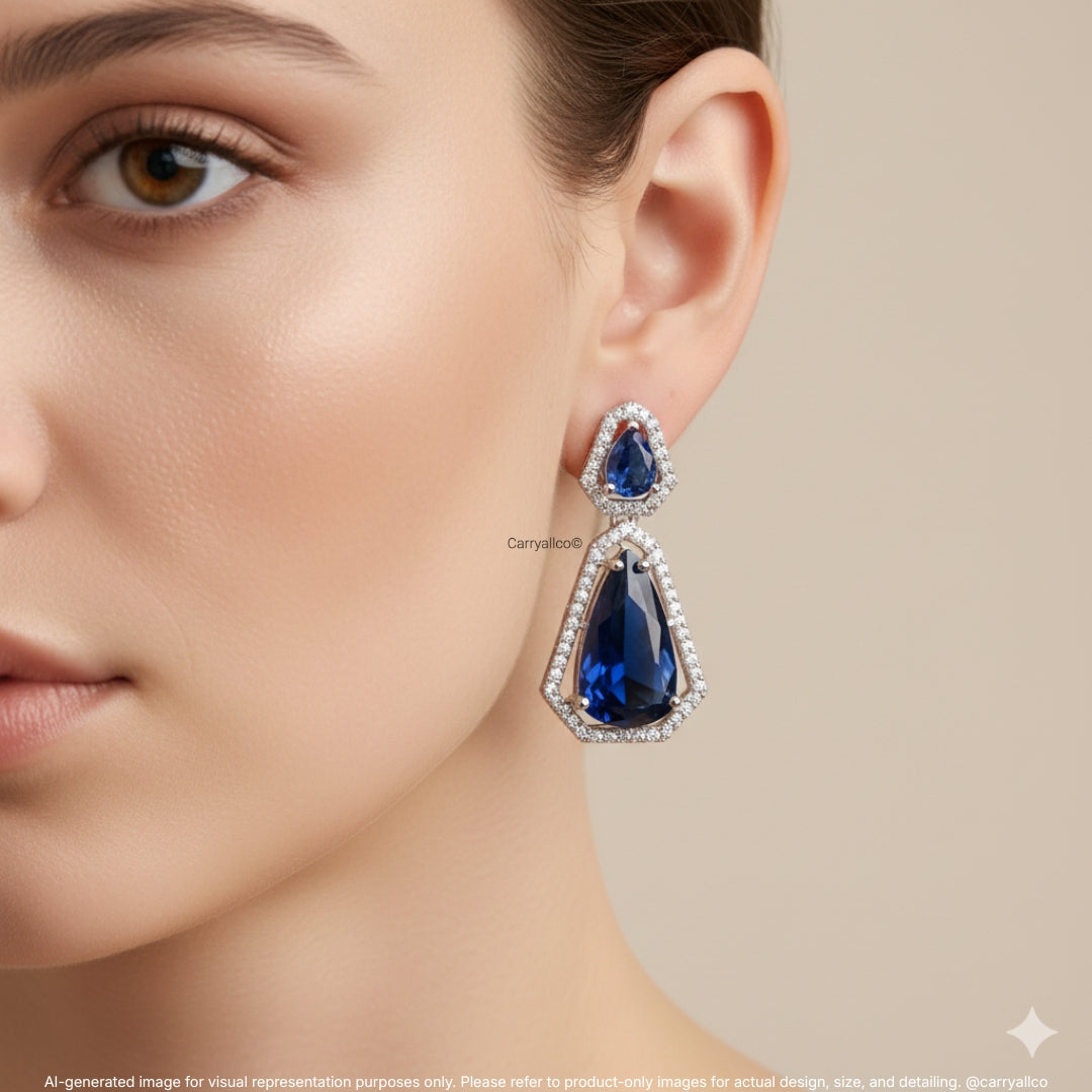 Sapphire Blue Double Teardrop American Diamond Drop Earrings | CARRYALLCO