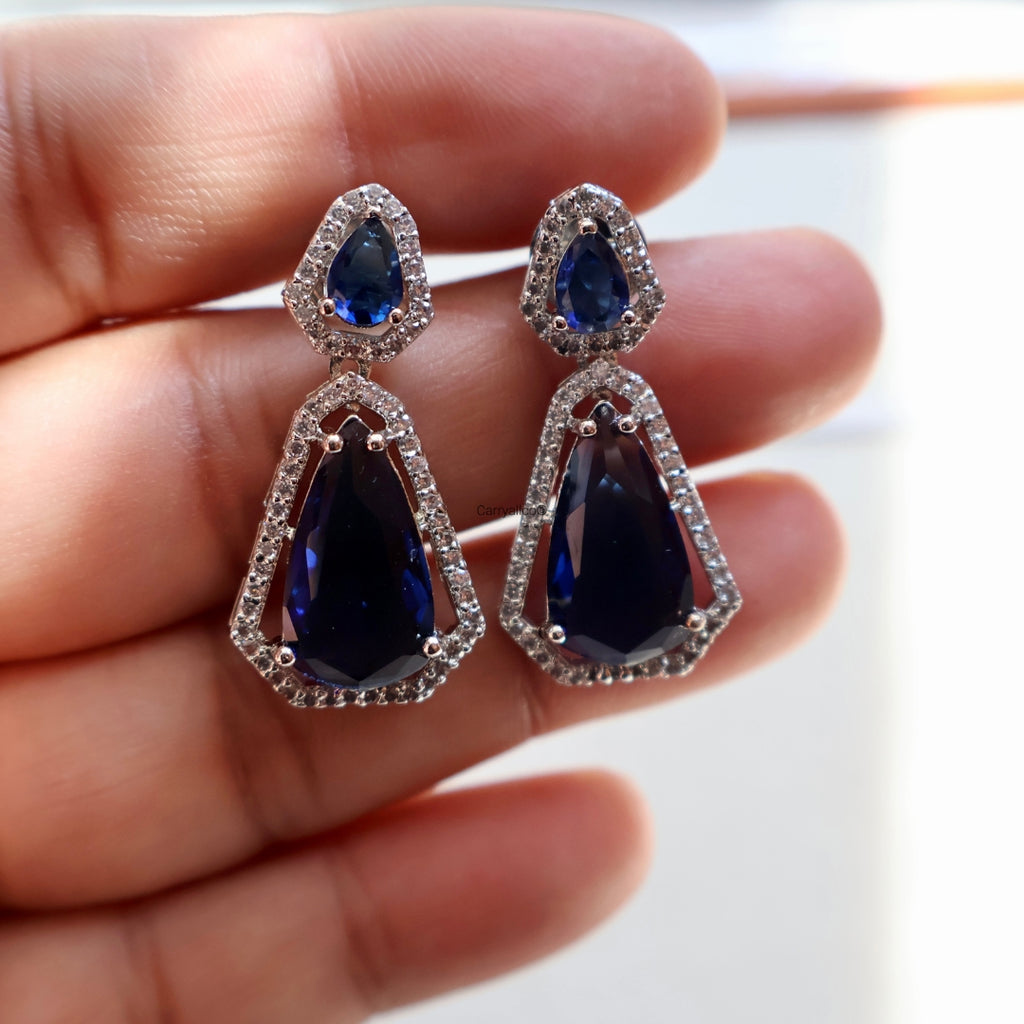 Sapphire Blue Double Teardrop American Diamond Drop Earrings