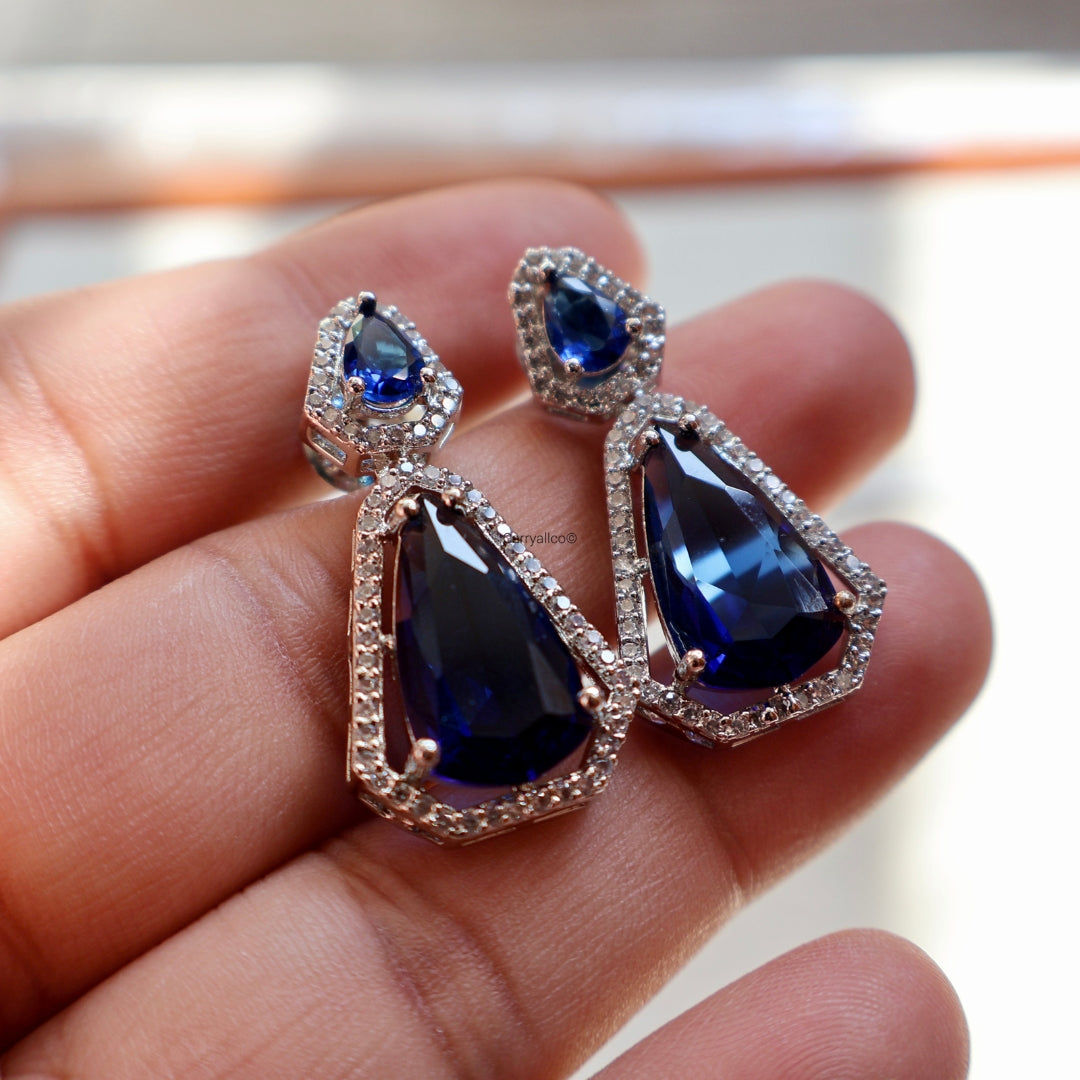 Sapphire Blue Double Teardrop American Diamond Drop Earrings | CARRYALLCO