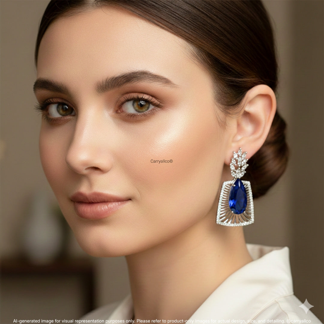 Sapphire Blue Fan Frame American Diamond Statement Earrings | CARRYALLCO