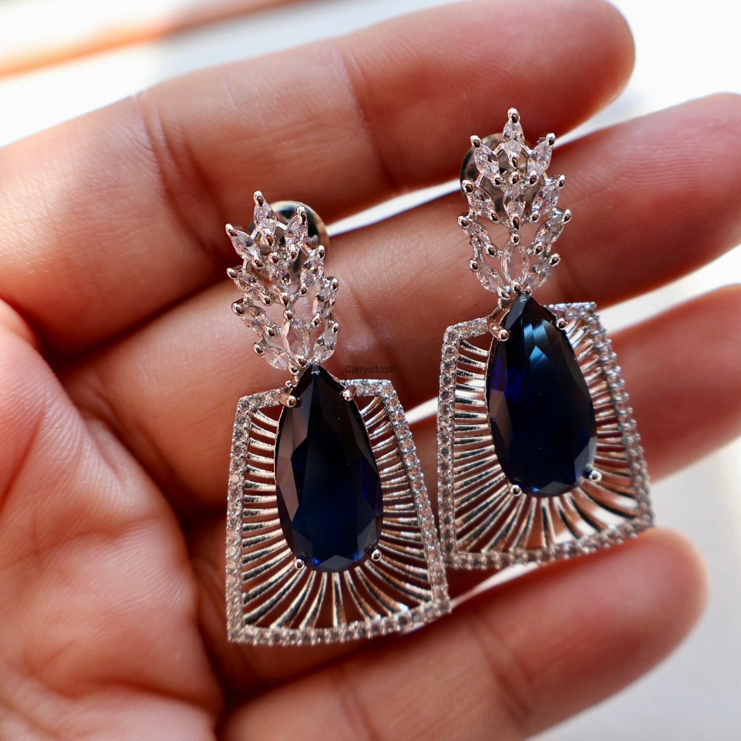Sapphire Blue Fan Frame American Diamond Statement Earrings | CARRYALLCO