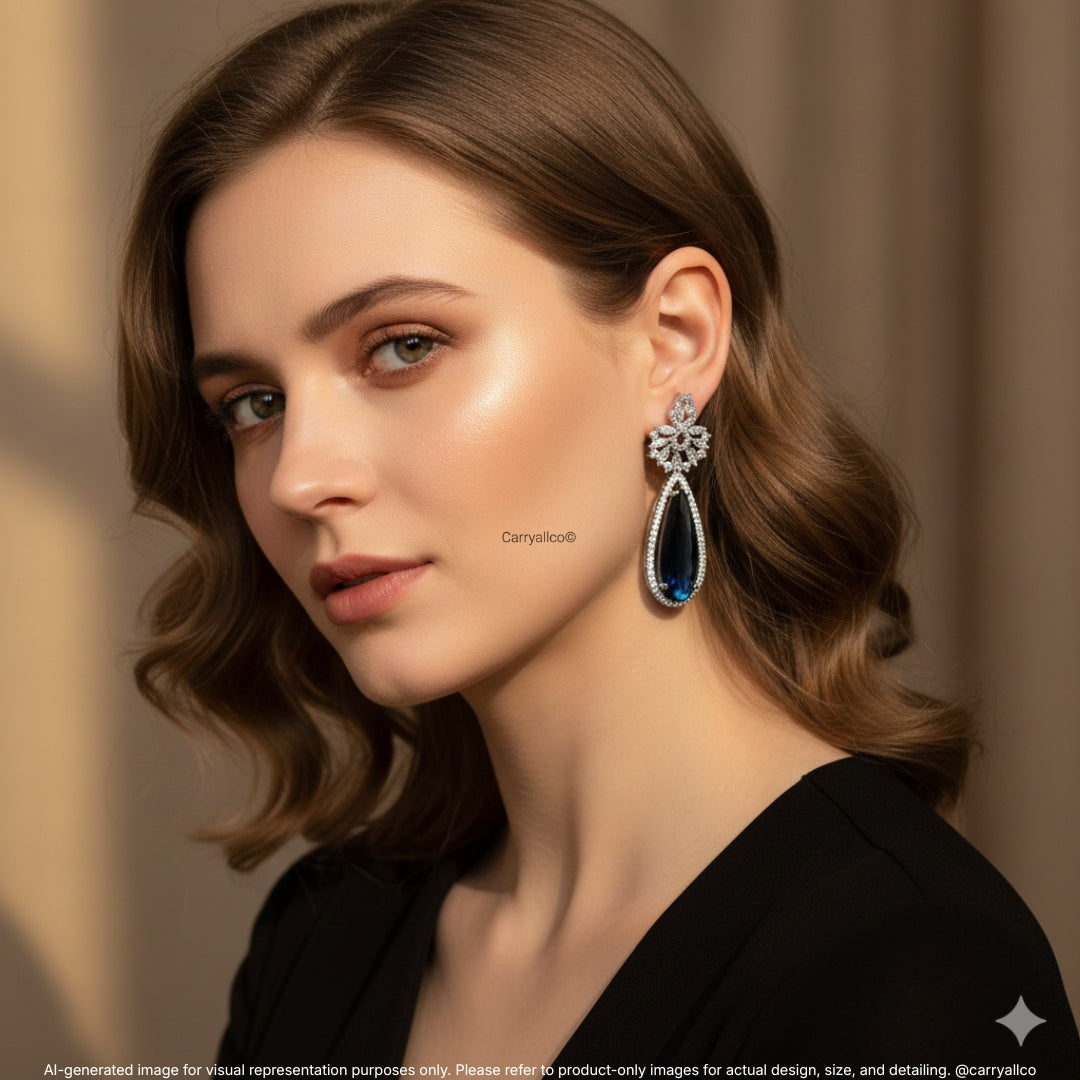 Sapphire Blue Teardrop Halo American Diamond Drop Earrings | CARRYALLCO