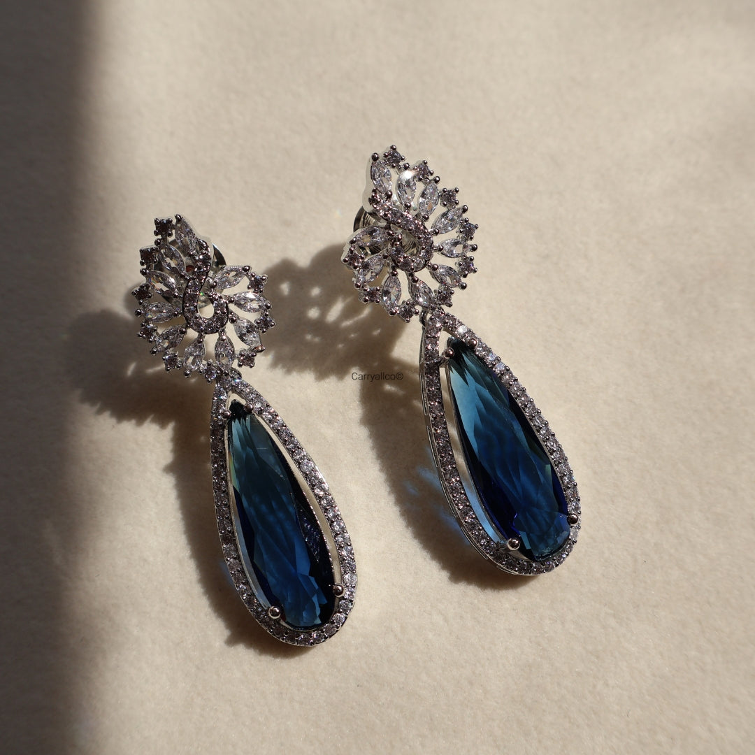 Sapphire Blue Teardrop Halo American Diamond Drop Earrings | CARRYALLCO