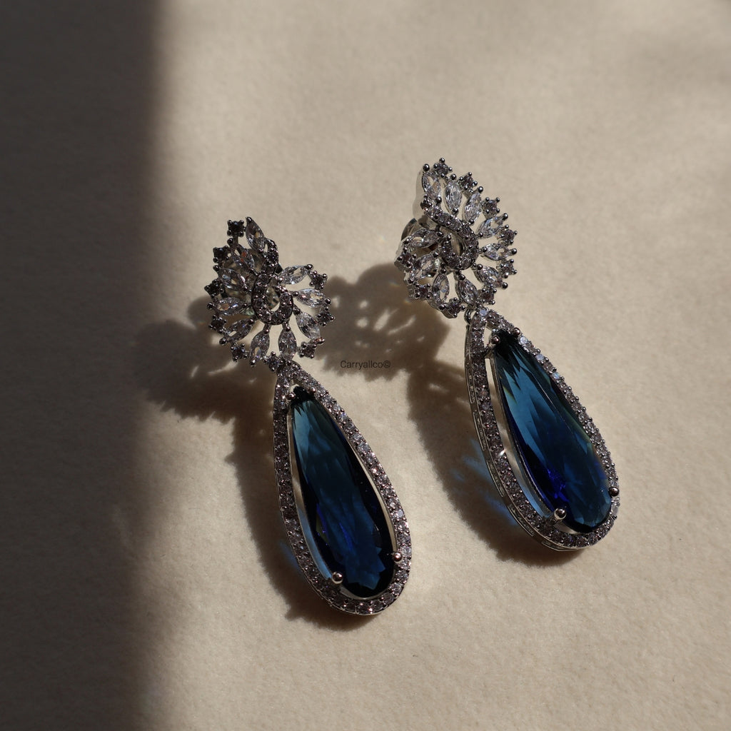Sapphire Blue Teardrop Halo American Diamond Drop Earrings