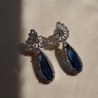 Sapphire Blue Teardrop Halo American Diamond Drop Earrings