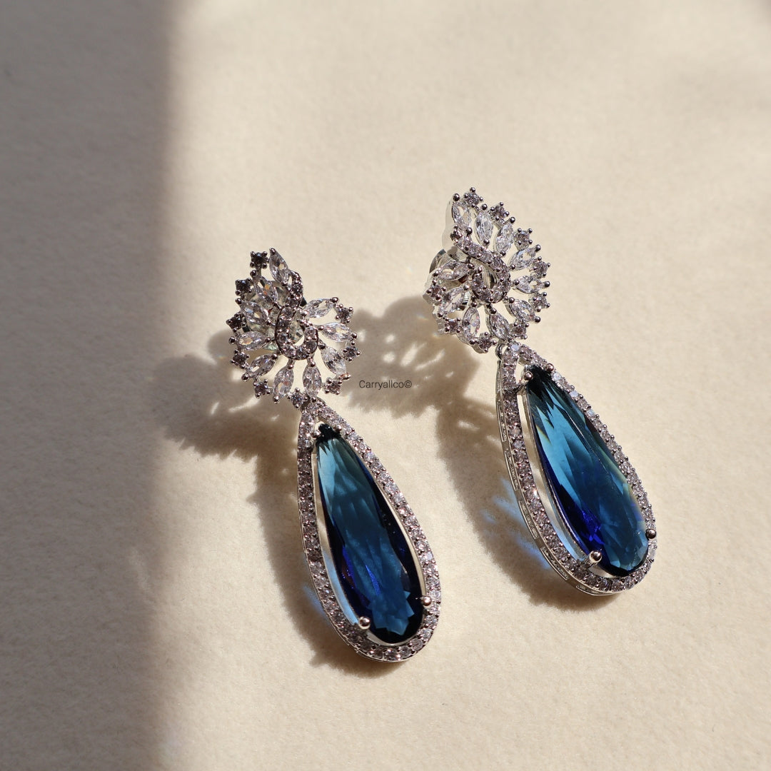 Sapphire Blue Teardrop Halo American Diamond Drop Earrings | CARRYALLCO
