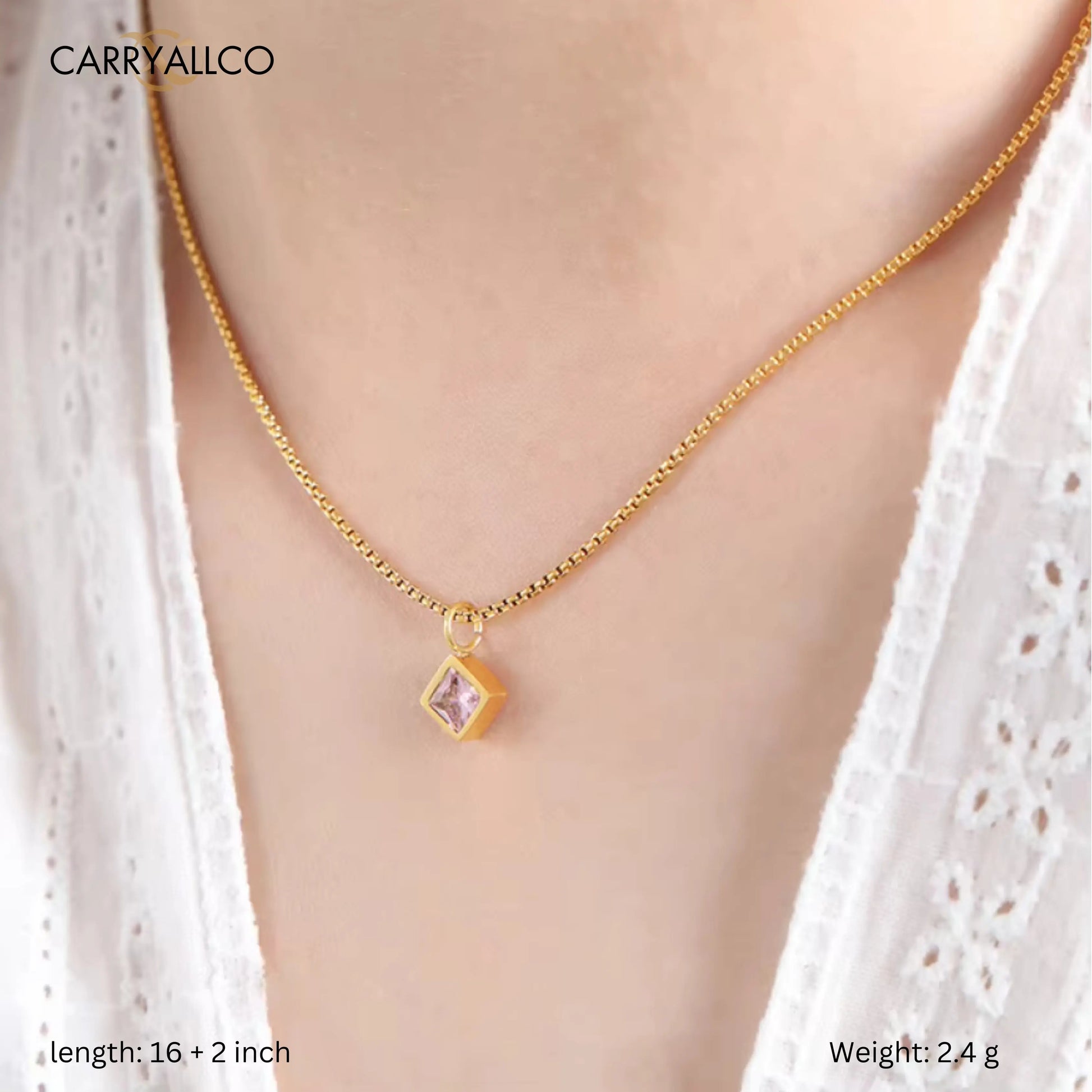 Square Brilliant Cut Zircon Pendant Necklace pink