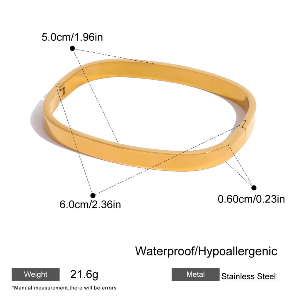 Gold bracelet with measurements and product details on a white background