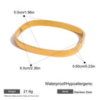 Gold bracelet with measurements and product details on a white background