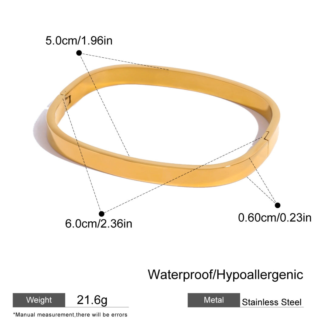 Gold bracelet with measurements and product details on a white background