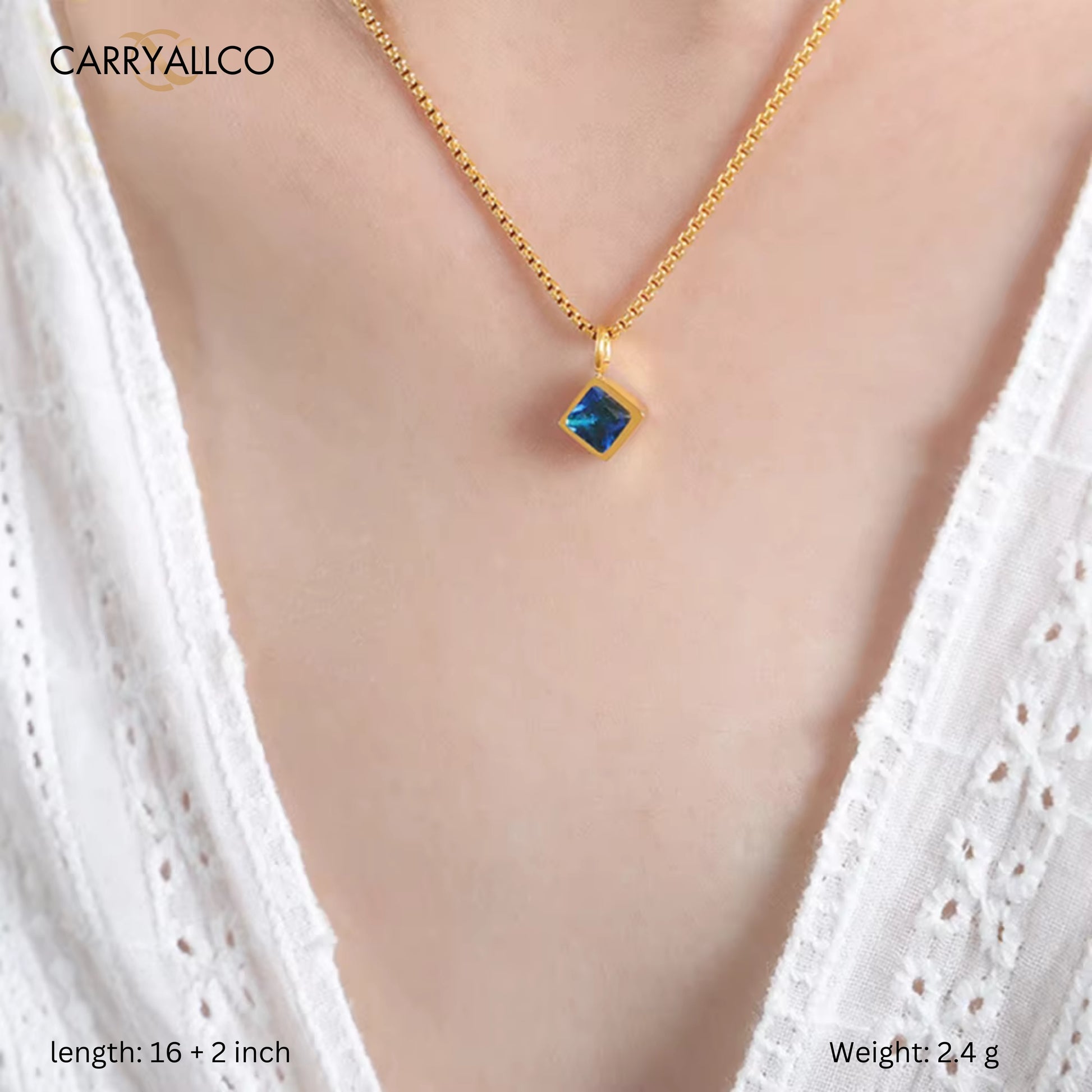 Square Brilliant Cut Zircon Pendant Necklace blue