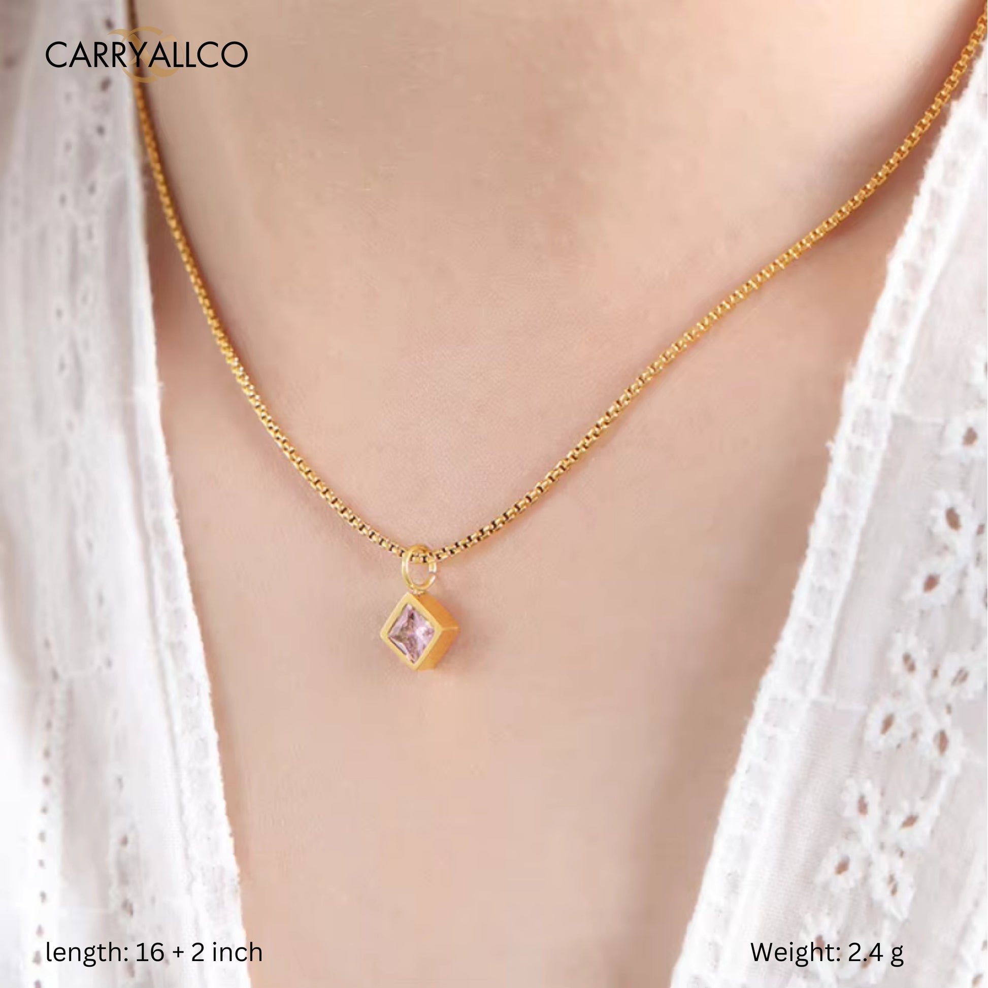 Square Brilliant Cut Zircon Pendant Necklace pink