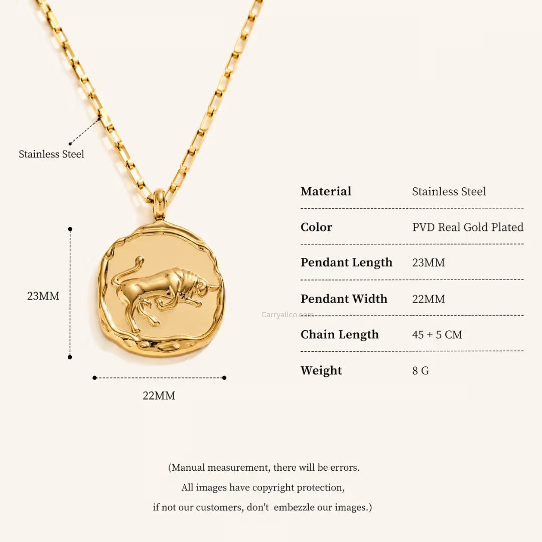 Gold pendant necklace with detailed measurements on a white background