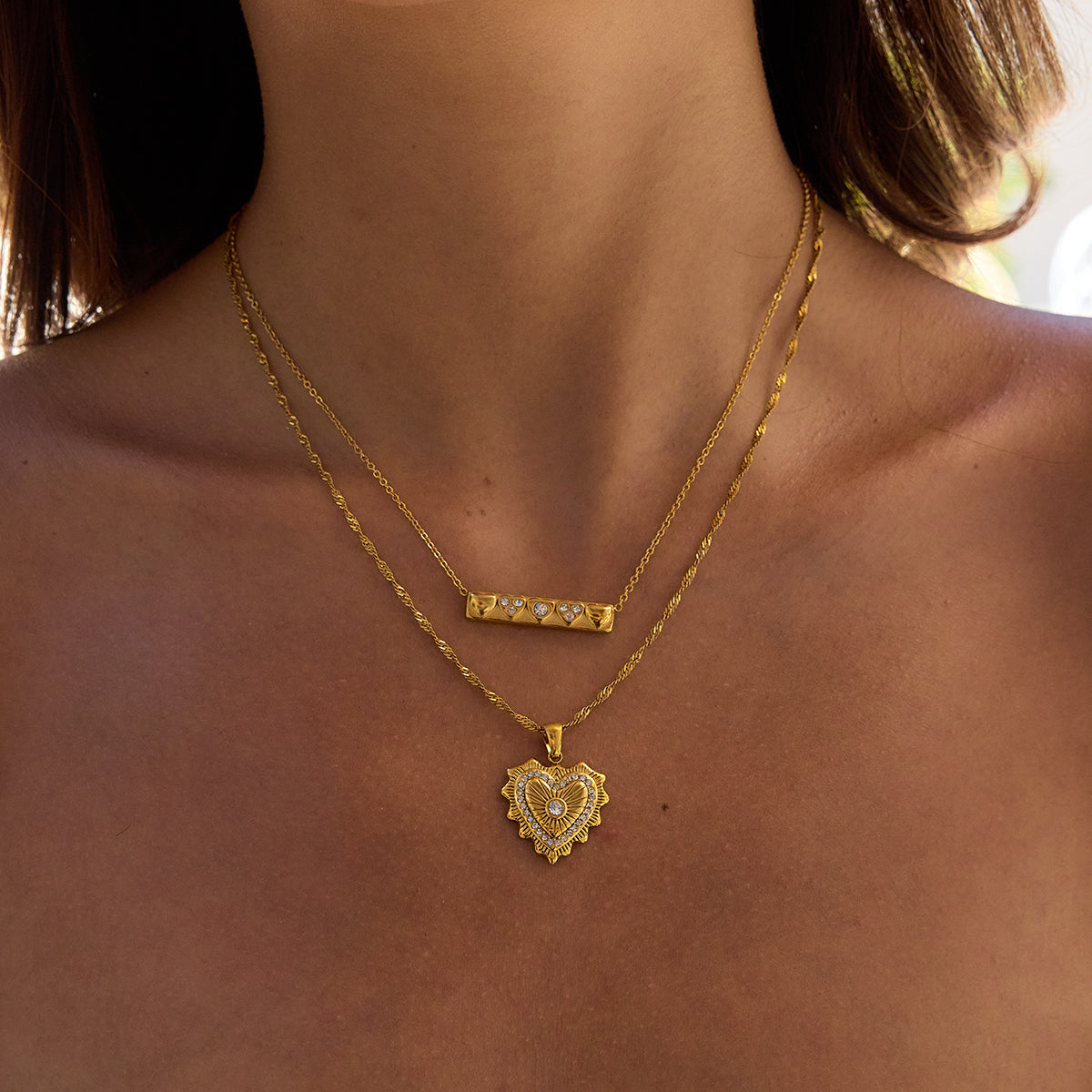 Textured Heart & Bar Pendant Necklace