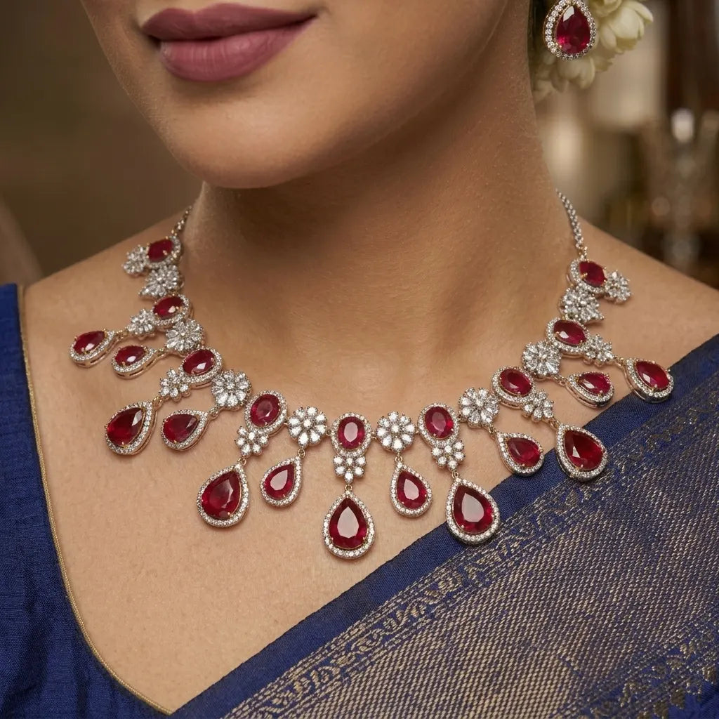 Close-up of a woman wearing a red and silver necklace with a blurred background