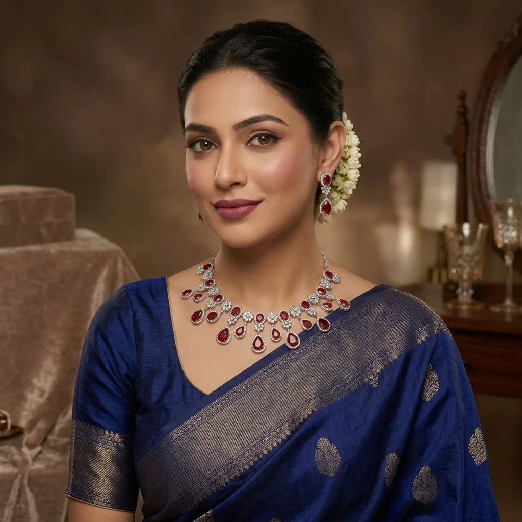Woman wearing a blue saree with jewelry in an indoor setting