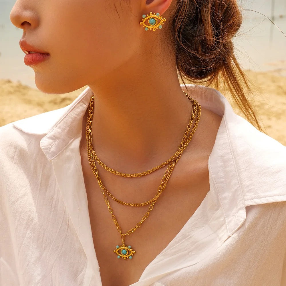 Turquoise Evil Eye Pendant Necklace – 18K Gold Plated