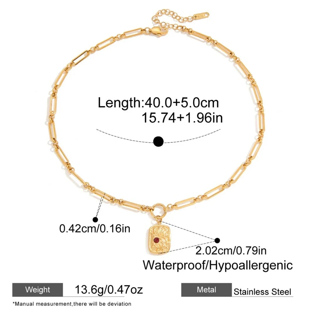 Gold chain necklace with pendant, showing measurements and material details on a white background.