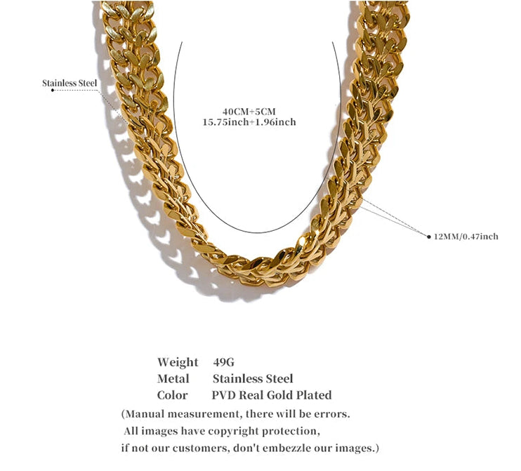 Gold chain necklace with measurement details on a white background
