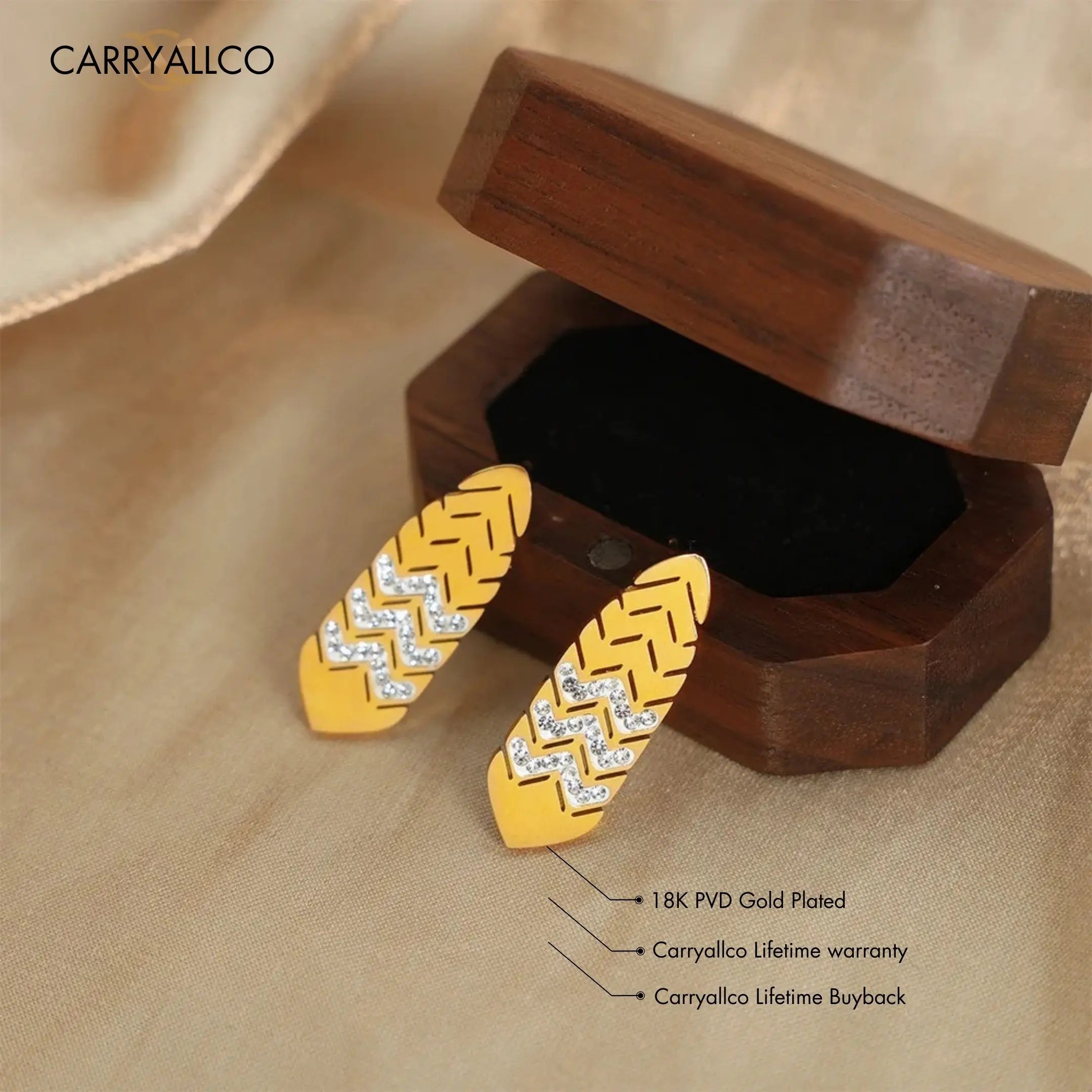 Zircon Leaf Drop Earrings – 18K Gold-Plated