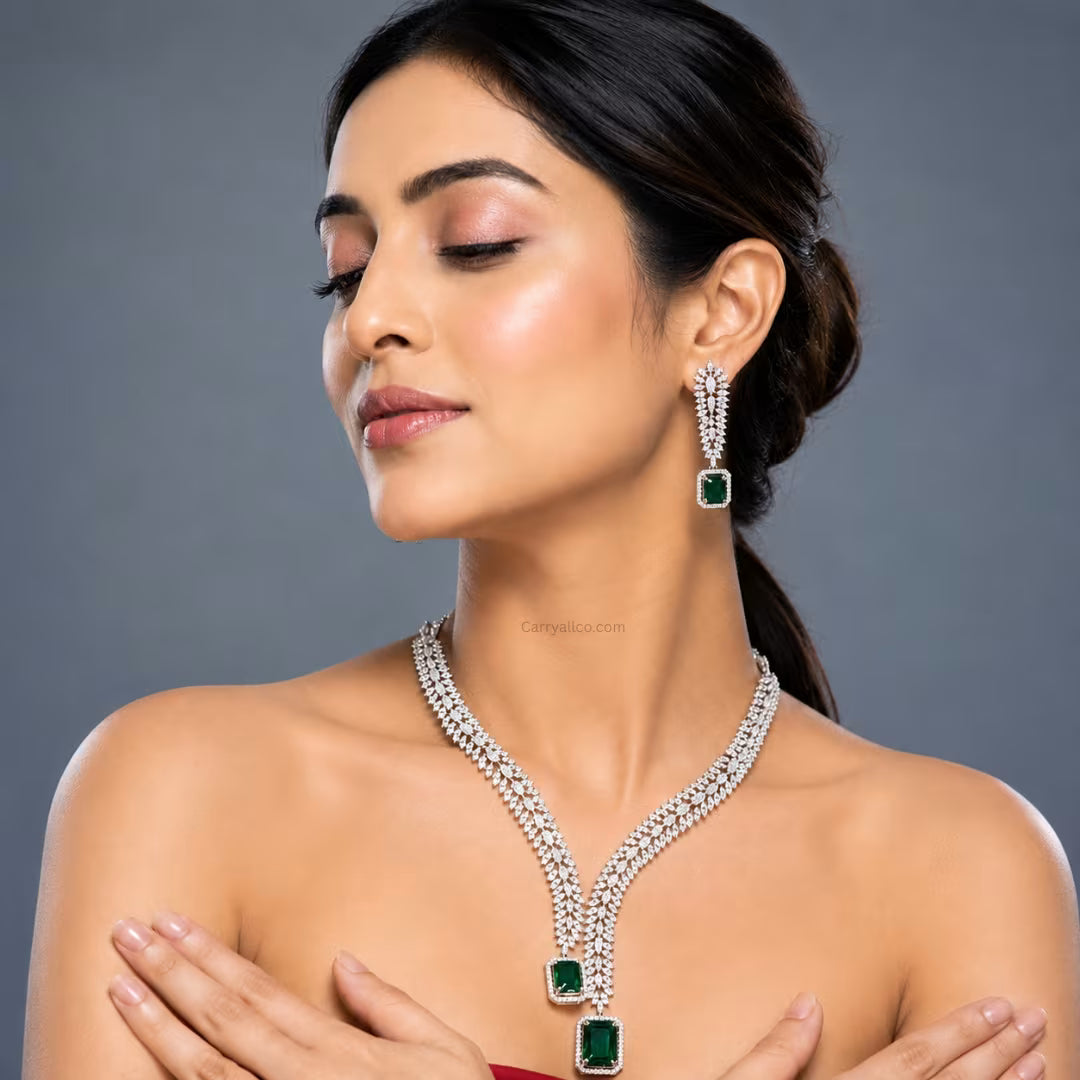 Crystal Leaf Necklace Set with Drop Earrings – Emerald Green – American Diamond | CARRYALLCO