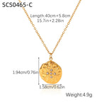 Gold necklace with pendant showing measurements on a white background