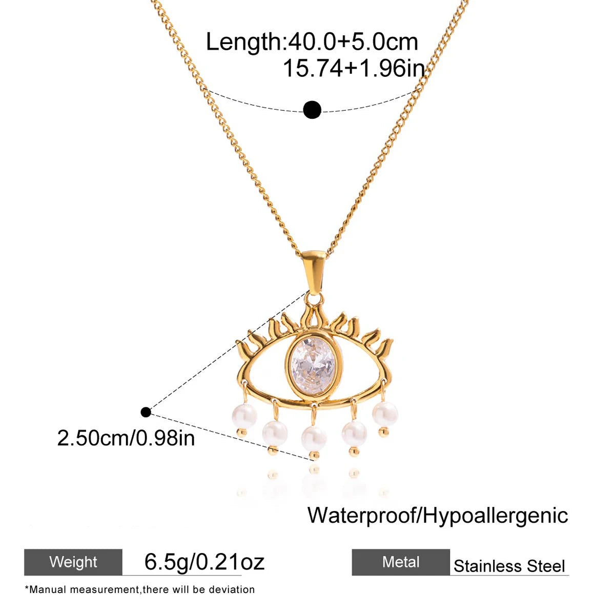 Gold necklace with eye-shaped pendant and measurements on a white background