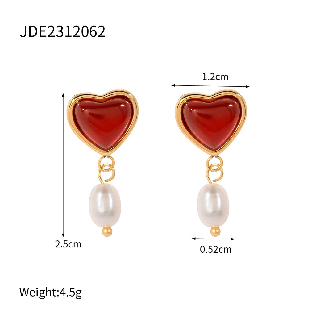 18K Gold-Plated Red Agate Heart & Pearl Jewelry Set
