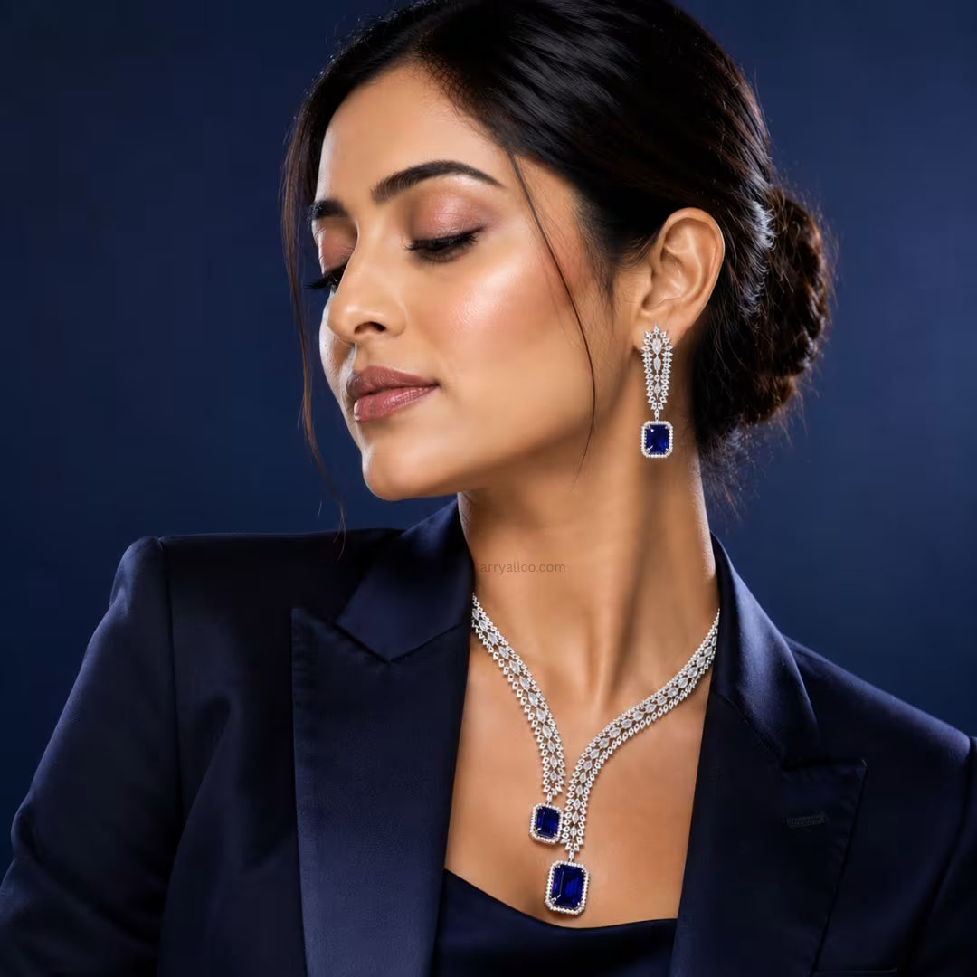 Crystal Leaf CZ Choker and Earring Set – Sapphire Blue | CARRYALLCO