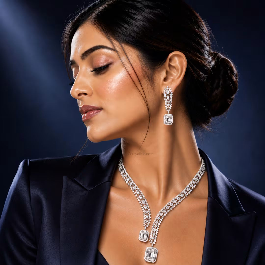 Crystal Leaf CZ Choker and Earring Set – Clear Silver | CARRYALLCO
