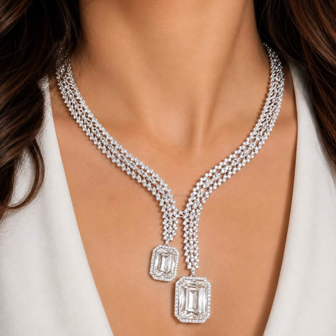Crystal Leaf American Diamond Necklace Set – Clear Silver | CARRYALLCO