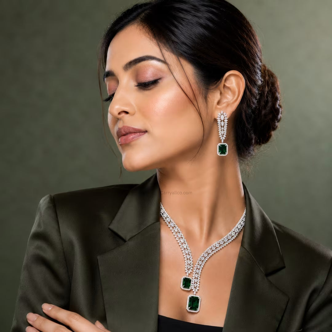 Crystal Leaf CZ Choker and Earring Set – Emerald Green | CARRYALLCO