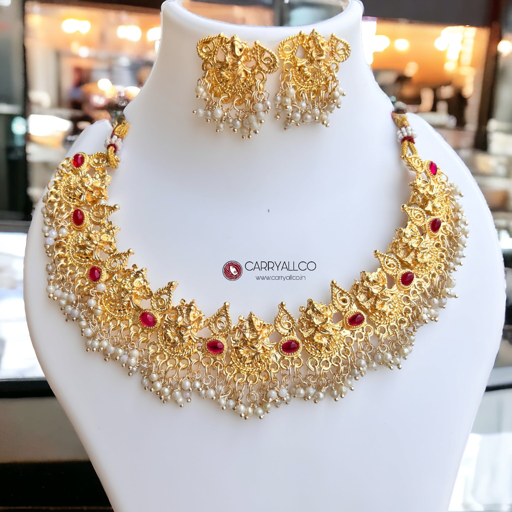 Carryallco Gold Polished Ganpati Necklace Set Carryallco