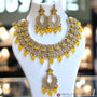 Antique Gold Reverse AD Yellow Necklace Set with Maangtika – Worn View | 18K Gold Plated | Carryallco India