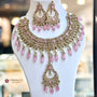 Antique Gold Reverse AD Pink Necklace Set with Maangtika – Worn View | 18K Gold Plated | Carryallco India