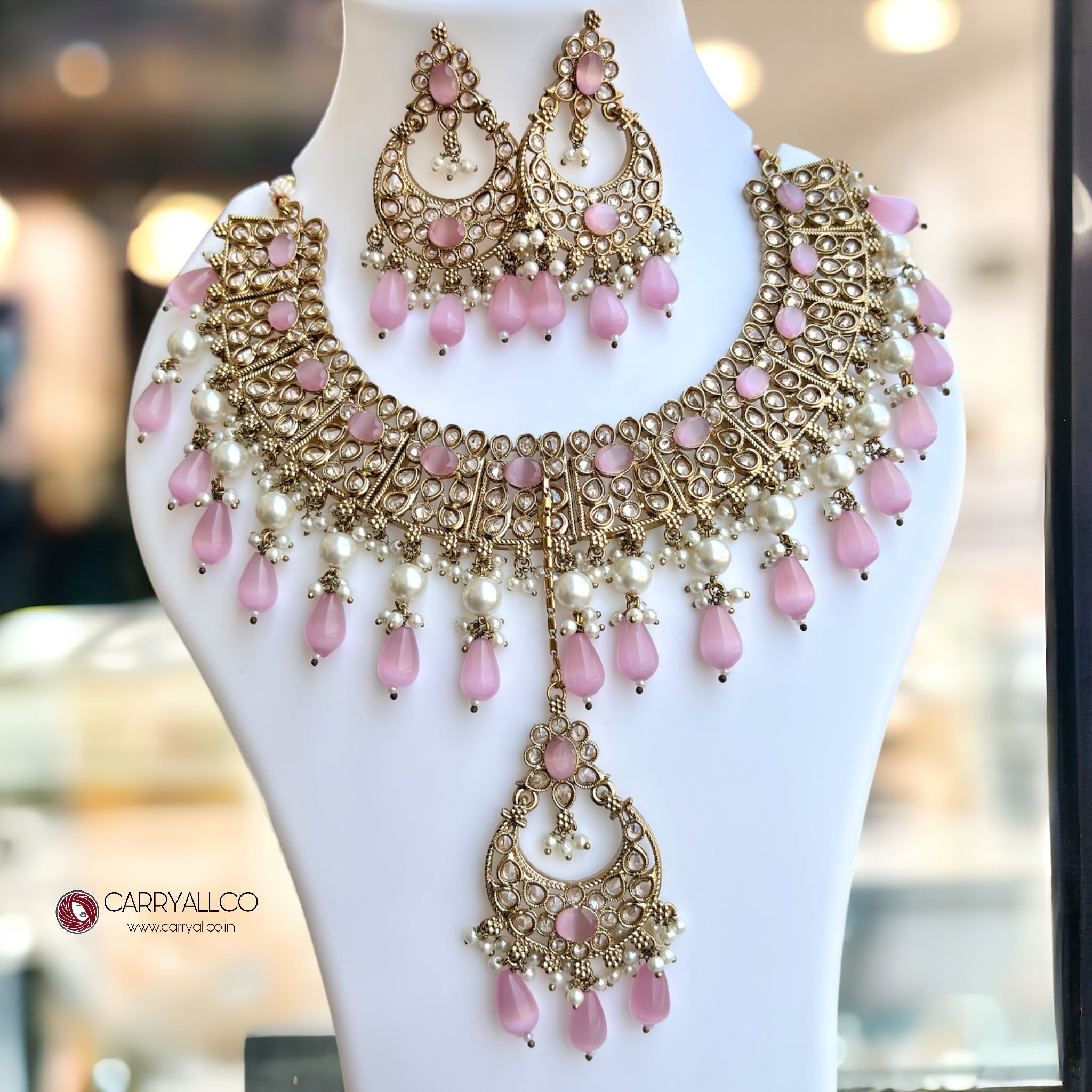 Carryallco Antique Gold-Plated Reverse AD Pink Necklace Set with Mangtika Carryallco