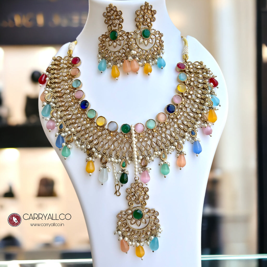 Carryallco Gold-Plated Reverse AD Multicolor Stones Necklace Set with Mangtika Carryallco