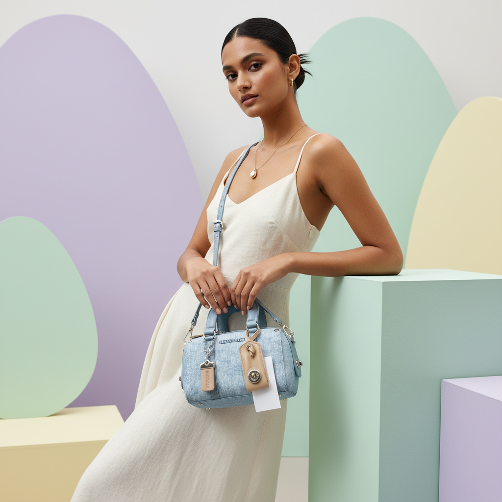 Celeste Boston Bag – Denim Blue Vegan Leather | CARRYALLCO