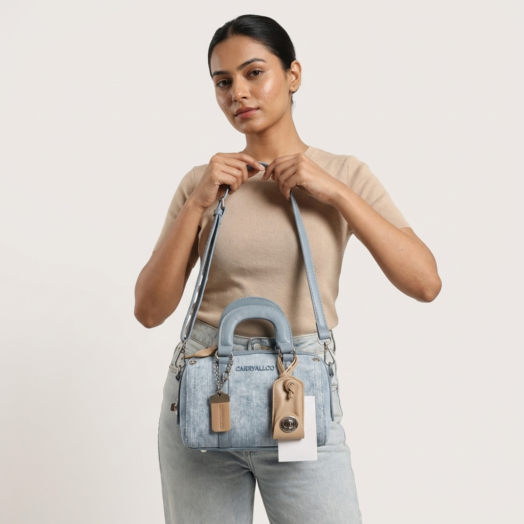 Carryallco Celeste – Denim Blue Vintage Full Vegan Leather Boston Bag