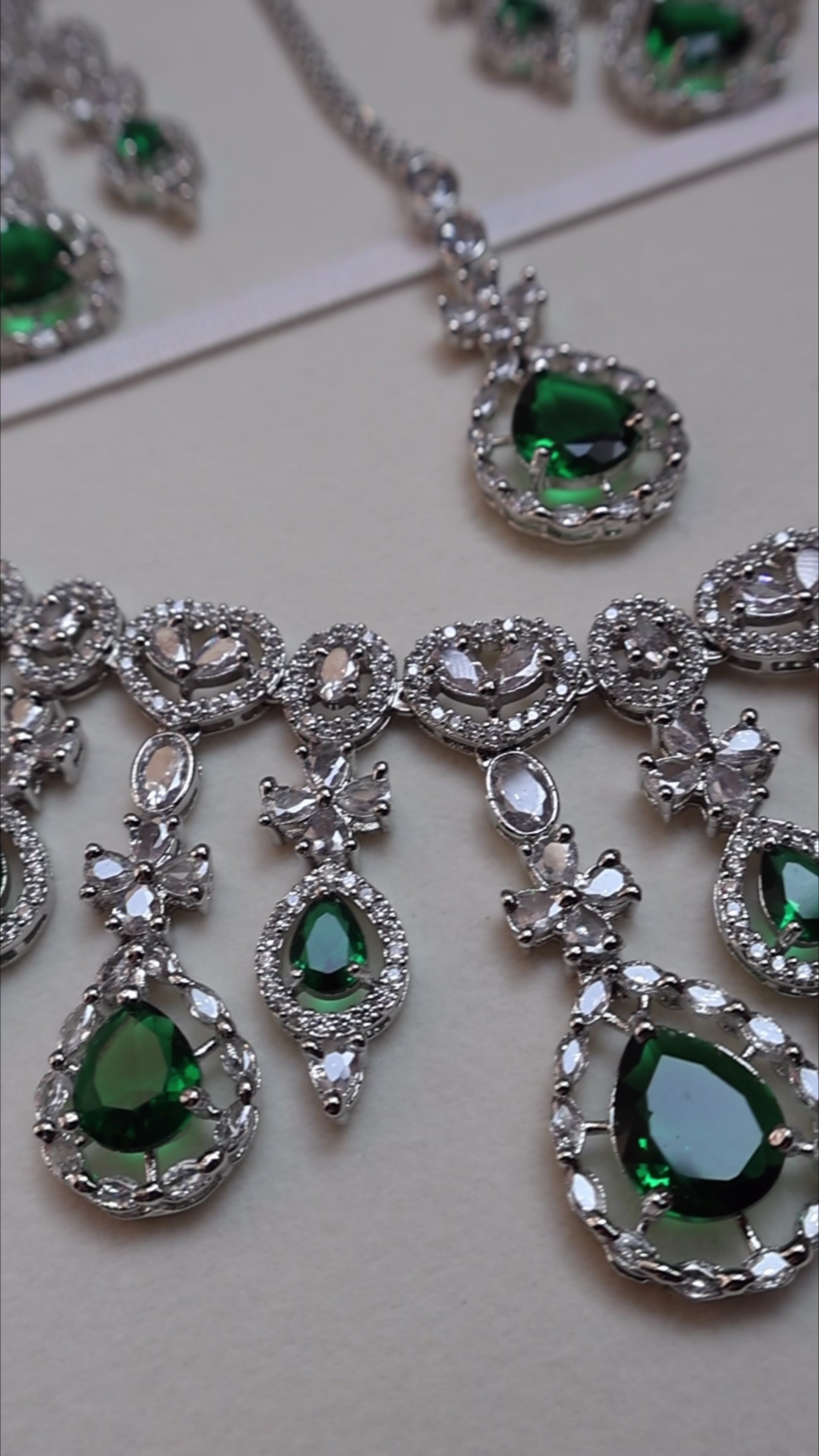 Green Teardrop Bridal American Diamond Necklace Set